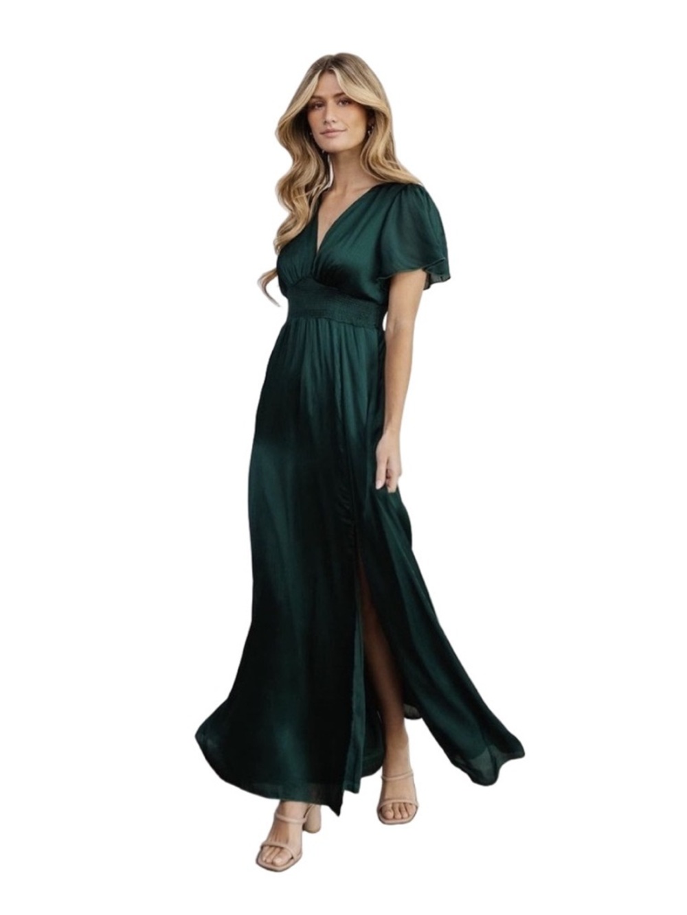 Baltic Born Empire Waist Satin Maxi Dress (Dark Green)